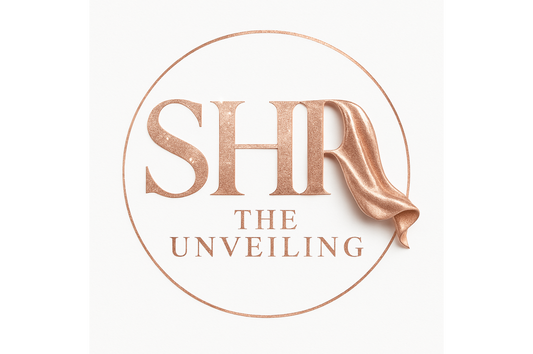 SHR The Unveiling logo featuring rose gold lettering and a soft draped veil element, symbolizing elegance, beauty, and sacred self-care.